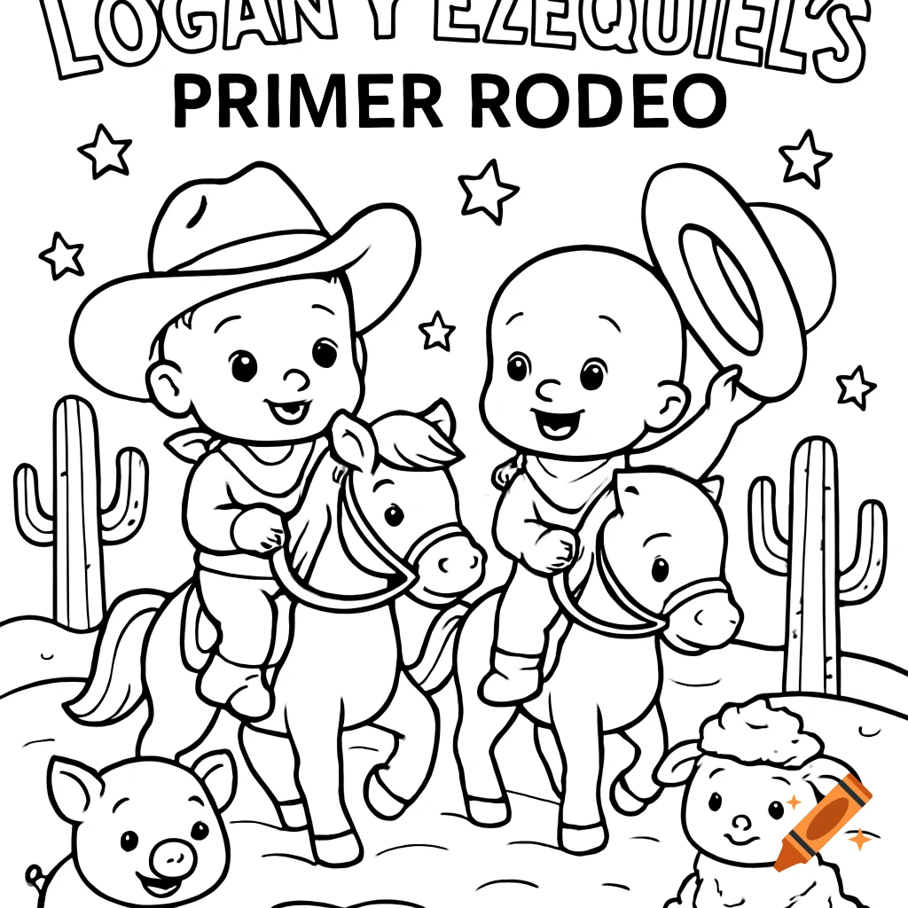 Coloring page of baby cowboys on horses with animals and cacti, titled 'Logan y Ezequiel's Primer Rodeo'