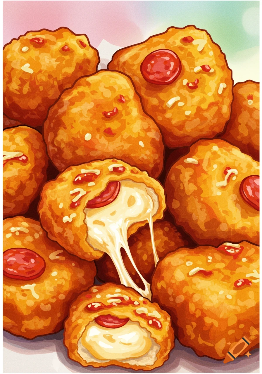 Close-up illustration of many golden-brown pizza nuggets, with one broken open revealing melted cheese and pepperoni.