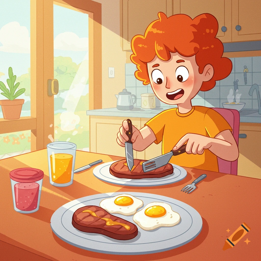 Cartoon person eats steak and eggs in sunny kitchen on Craiyon, image size:1024x1024