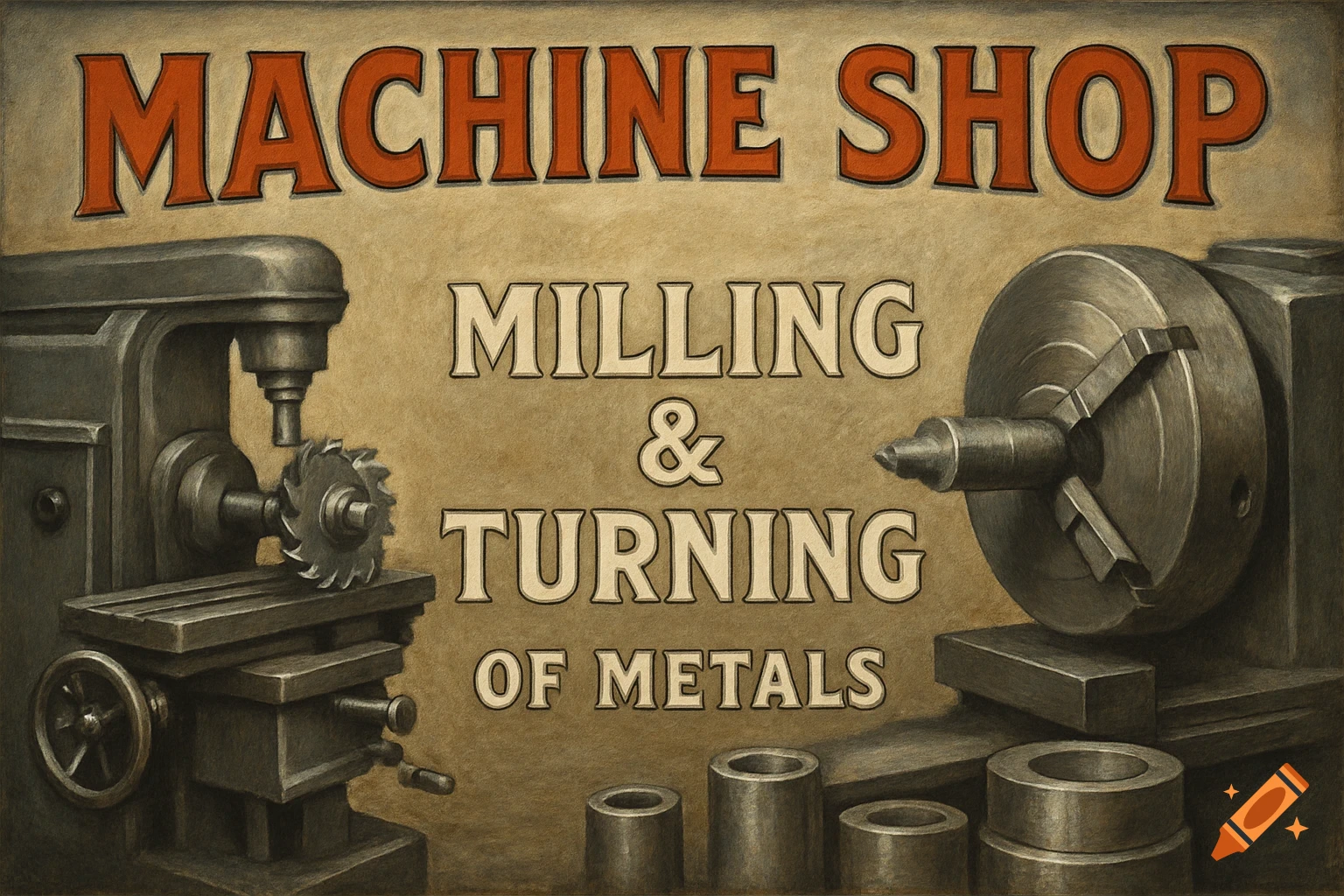 An illustration of a machine shop sign featuring text about milling and turning of metals, with milling and turning machines visible.