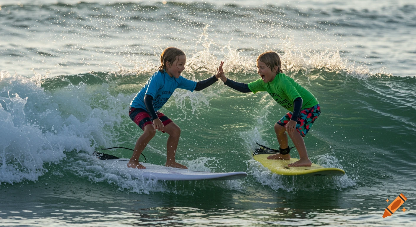 Two kids surfing and high-fiving on a wave