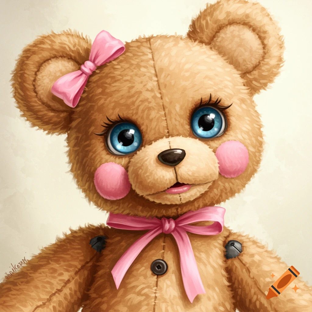 Close-up illustration of a brown teddy bear with blue eyes, pink cheeks, and pink bows.