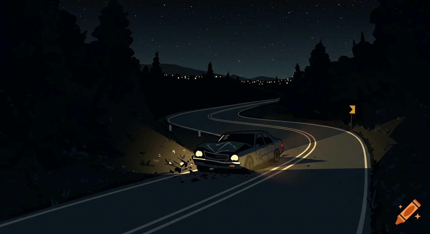 Illustration of a crashed car on a winding road at night.