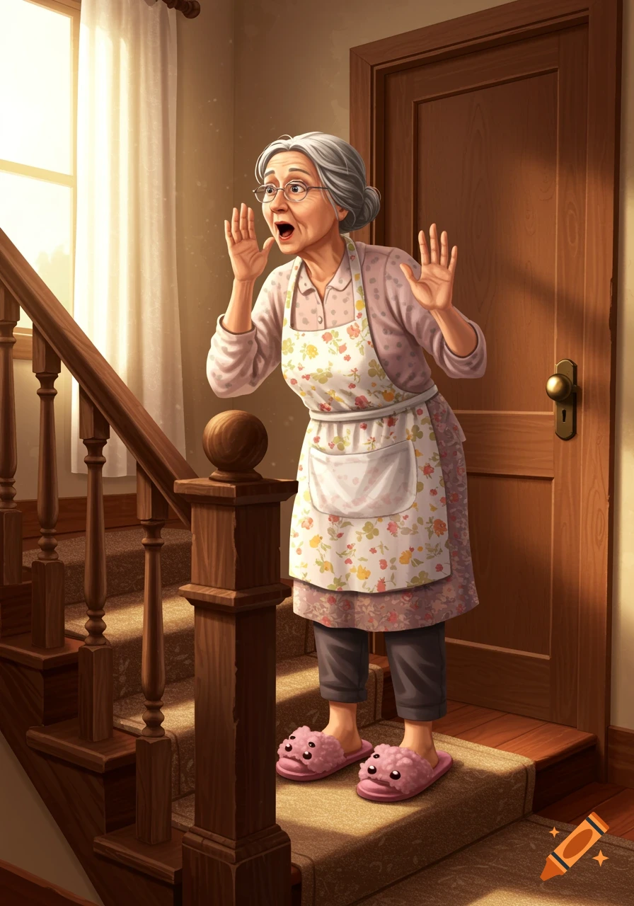 An illustration of an old woman shouting on stairs.