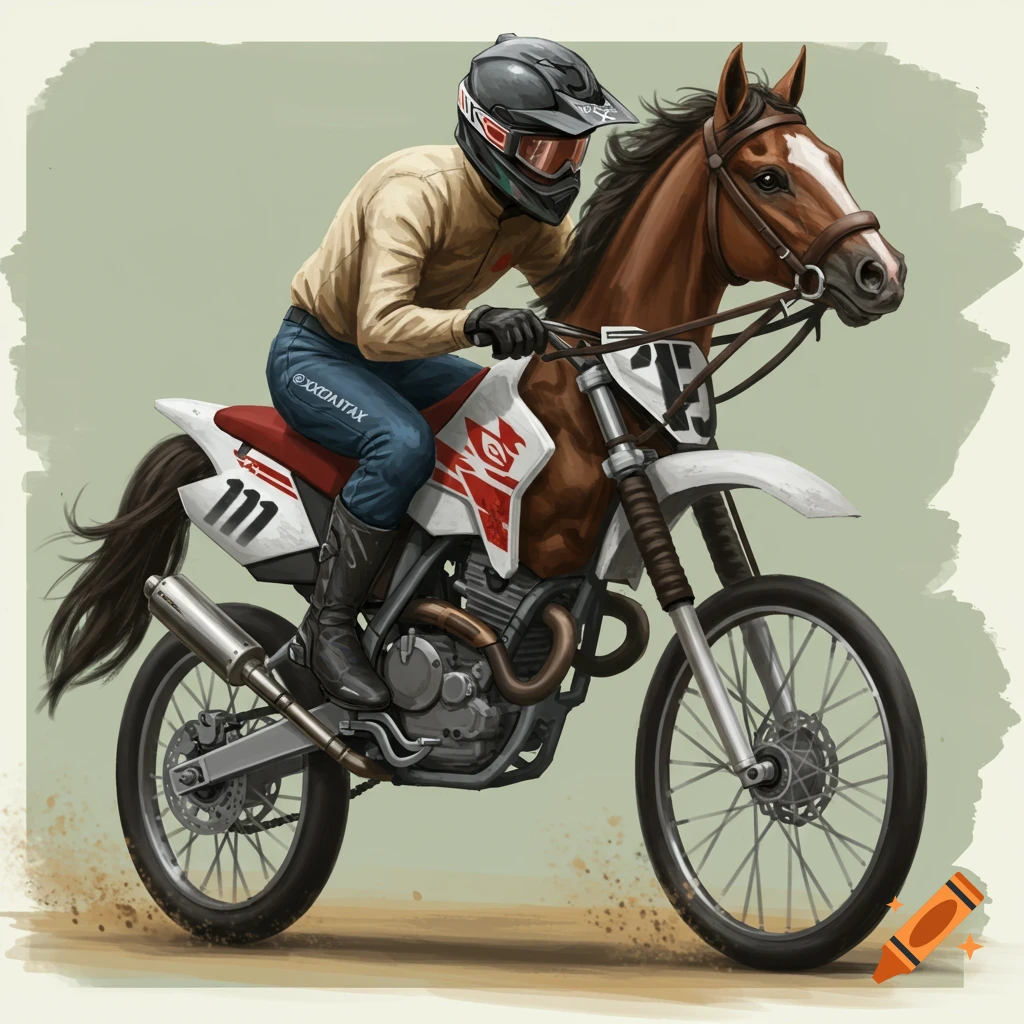 Illustration of a person riding a motorcycle with a horse's head and body.