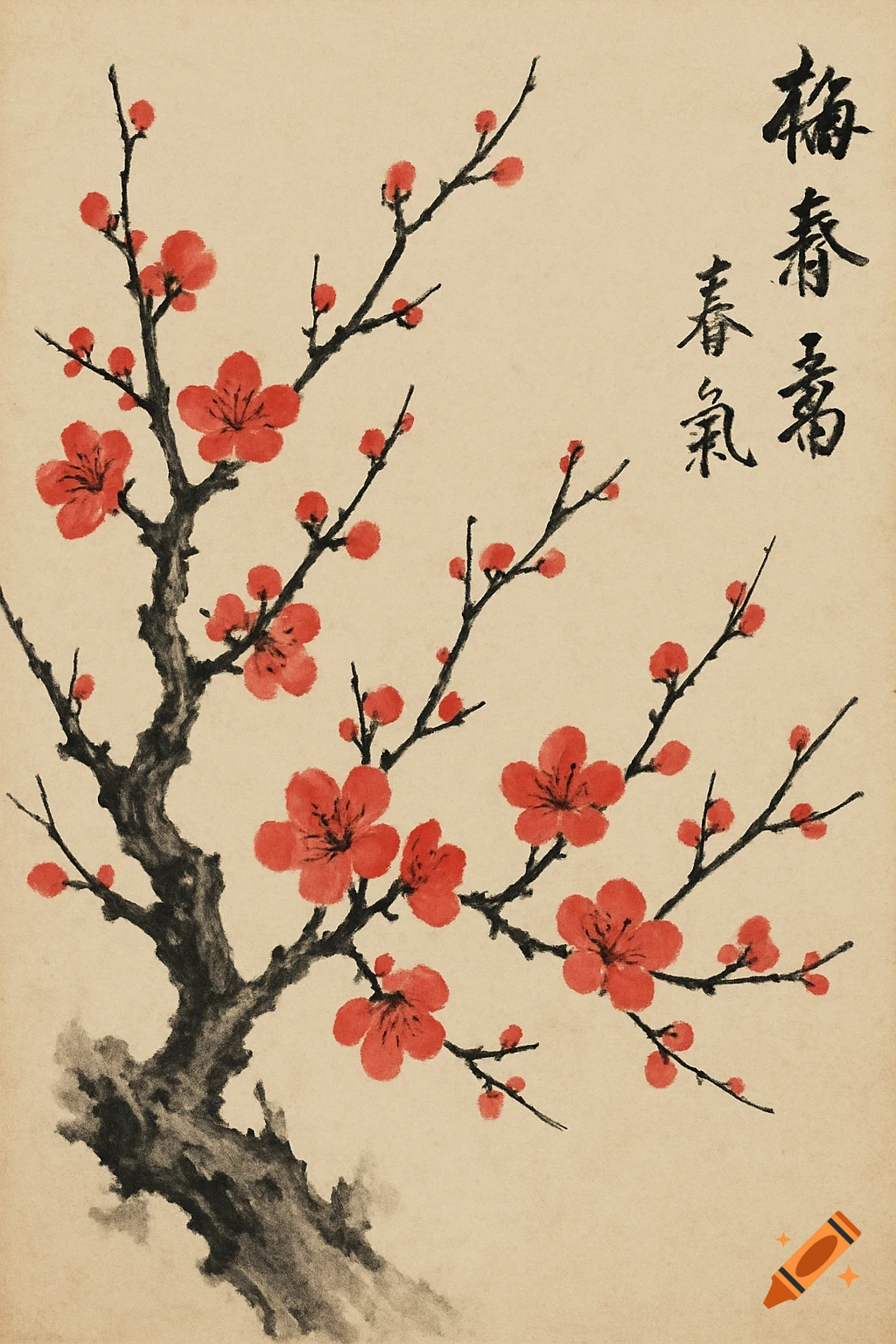 Traditional Asian ink painting of a flowering plum blossom branch with black calligraphy.
