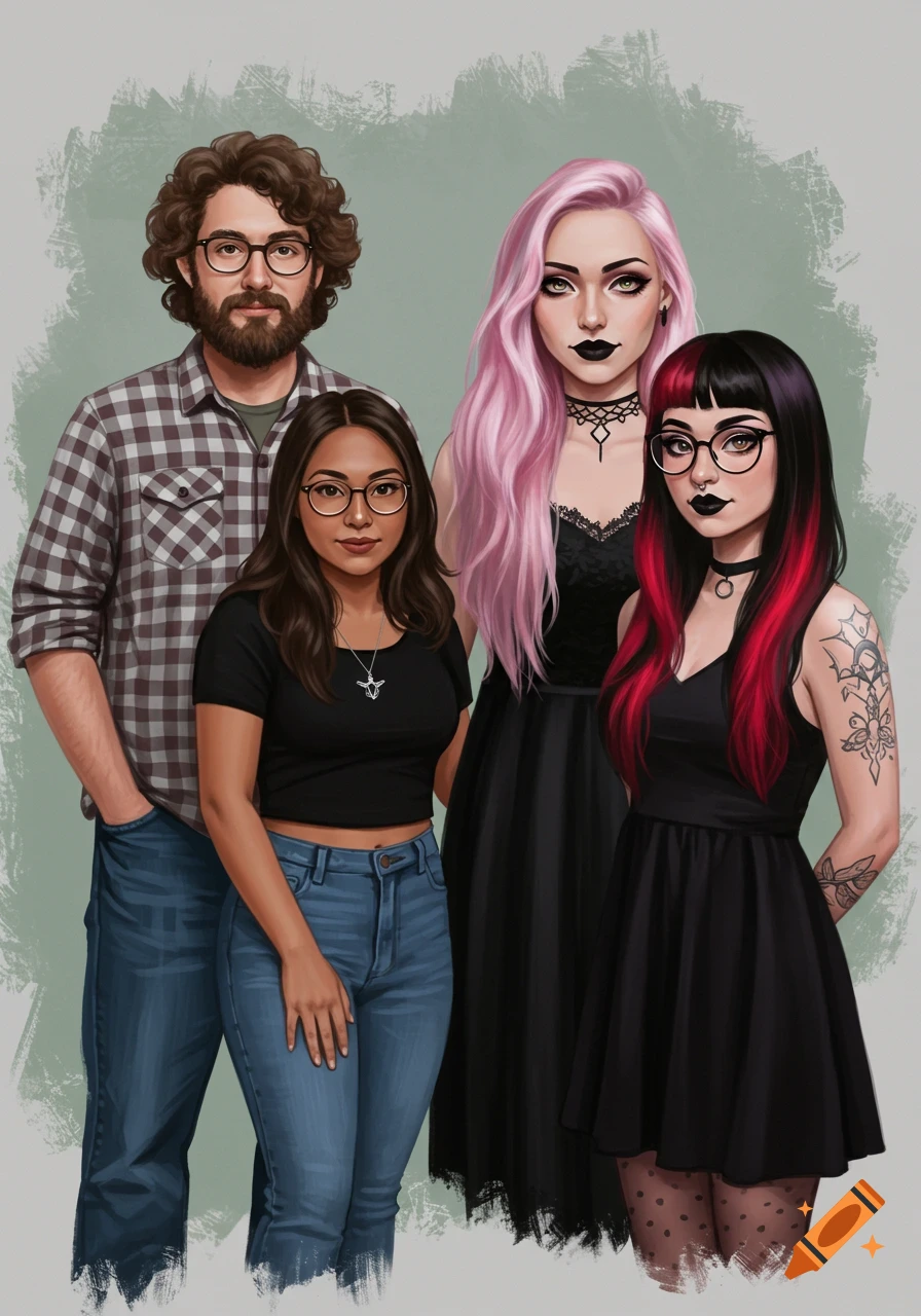 Illustration of a group of four people including a man in flannel and three women with alternative styles.