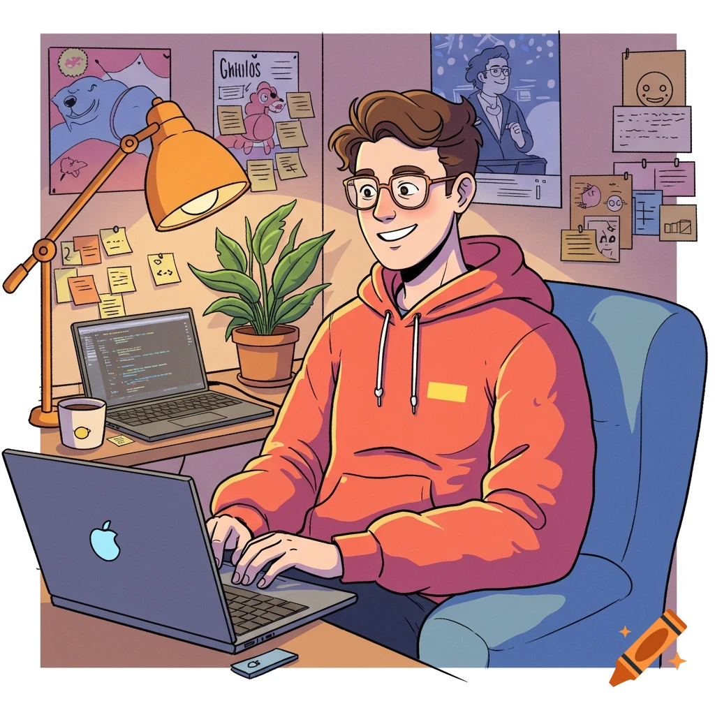 Cartoon illustration of a developer working on a laptop at a desk with posters and a plant.
