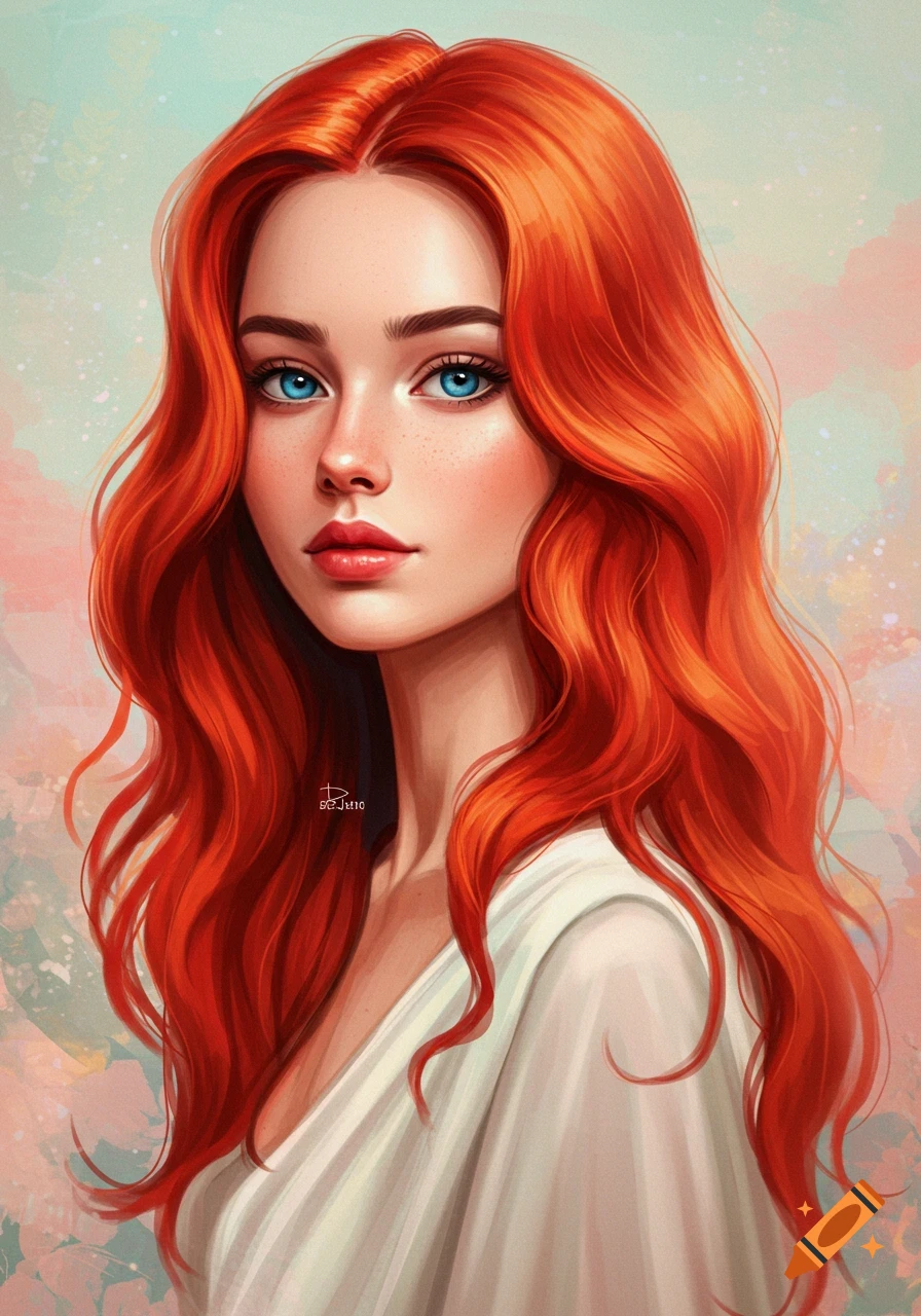 A digital painting of a woman with long red hair and striking blue eyes ...