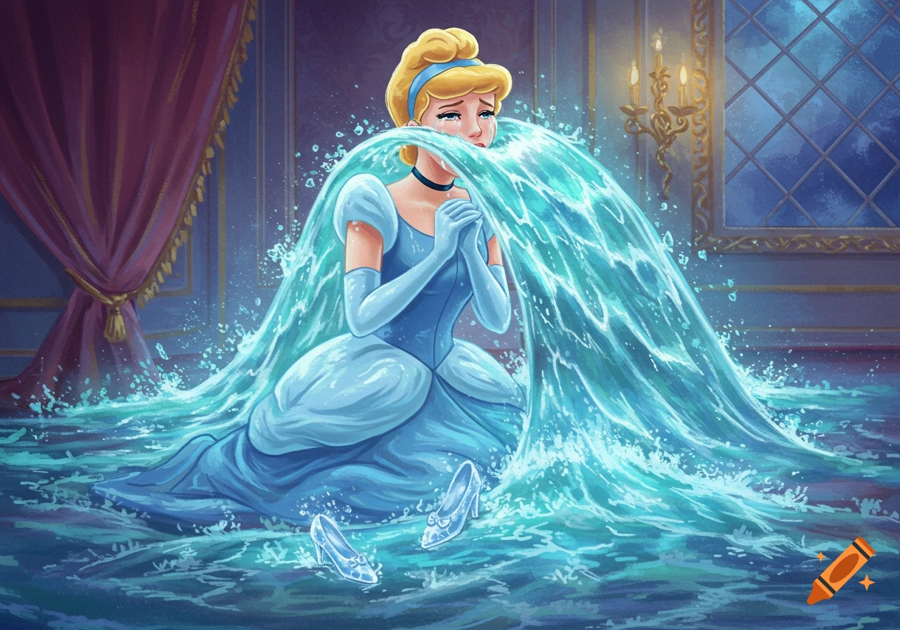 Cinderella cries an ocean of tears, flooding the room while kneeling in her ballgown.