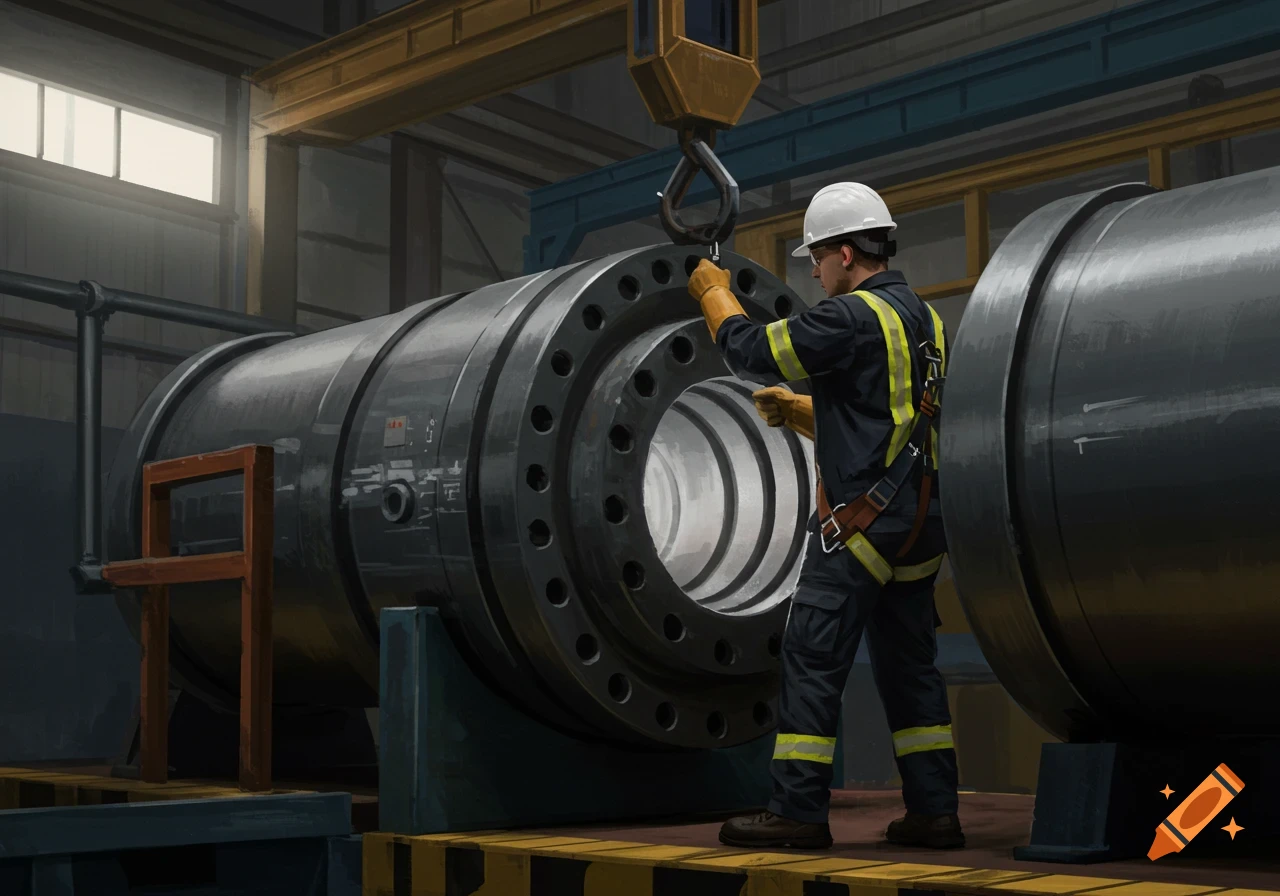Worker in PPE inspecting a large hydraulic cylinder in a factory. Digital painting style.