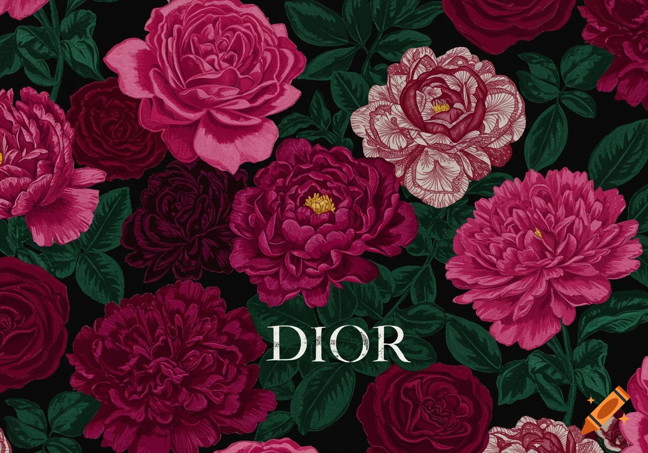 Floral pattern with red and pink flowers and green leaves on black background, with 'DIOR' text in the center.