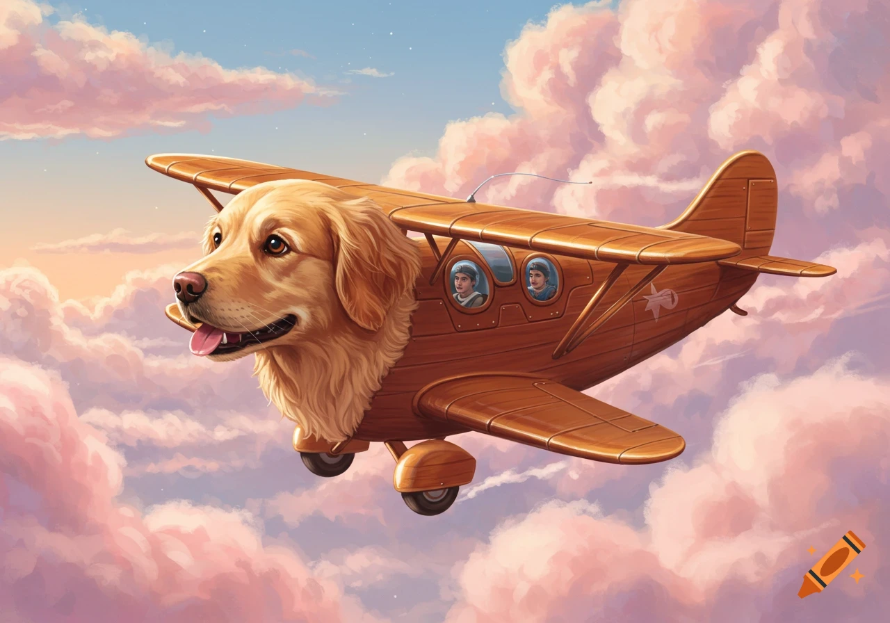 A golden retriever head is the front of a wooden biplane flying through pink and purple clouds.