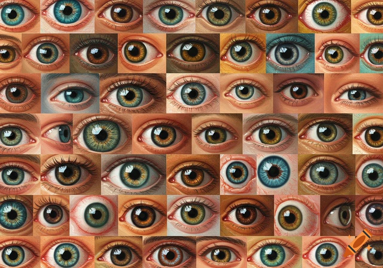 A close-up grid of many different human eyes in various colors and details.
