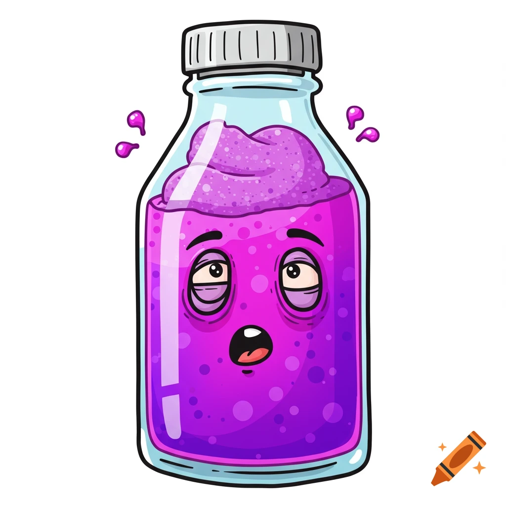 Cartoon bottle with purple liquid and foam, looking tired