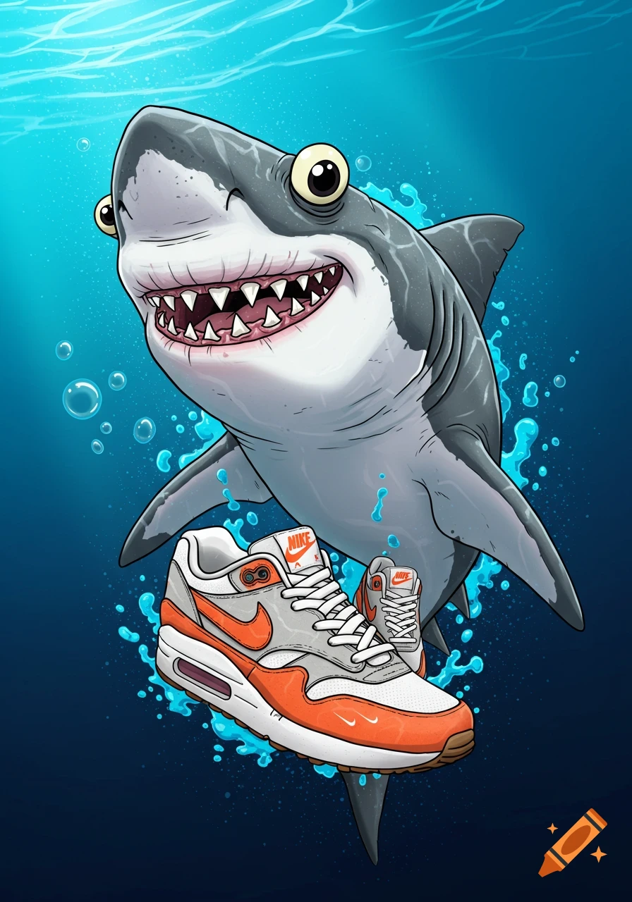 Cartoon shark swimming underwater with Nike shoes