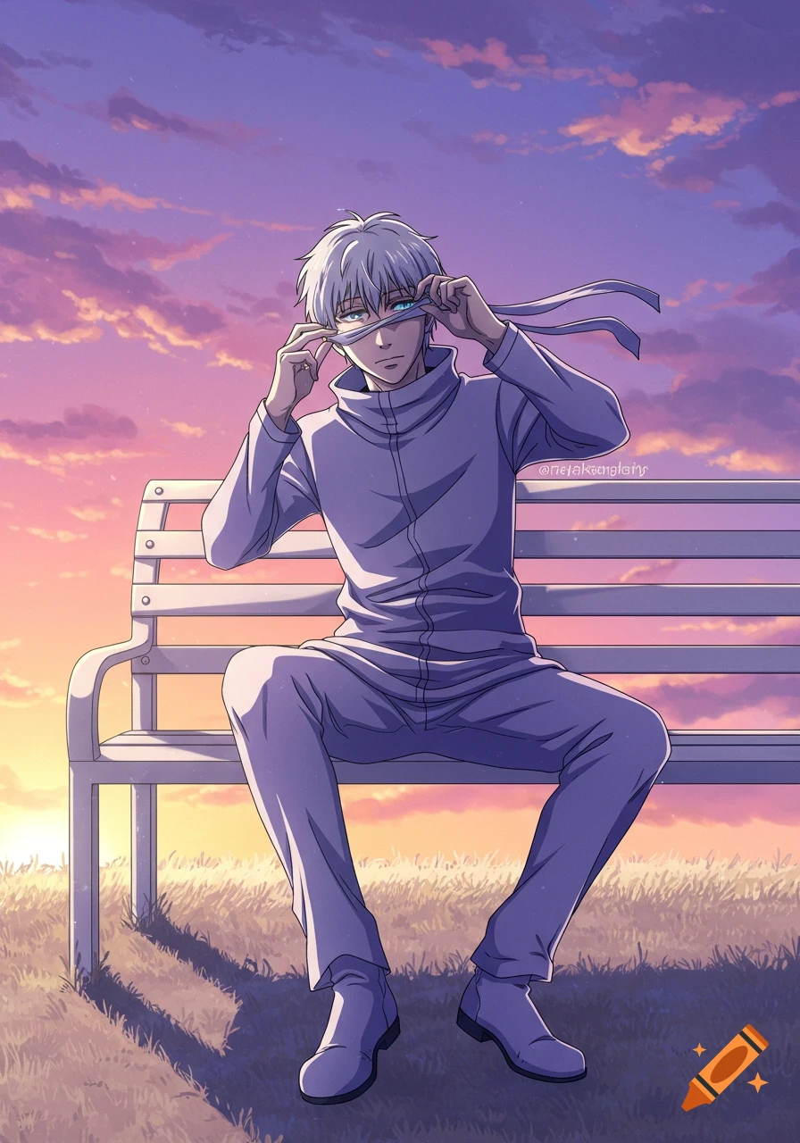 Anime illustration of Satoru Gojo sitting on a park bench at sunset, adjusting his blindfold.