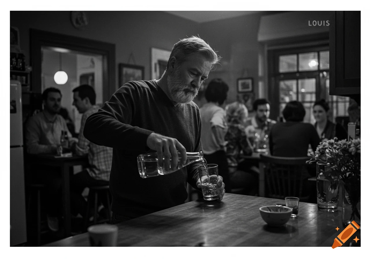 Black and white photo of a man pouring water into a glass in a kitchen with people in the background.
