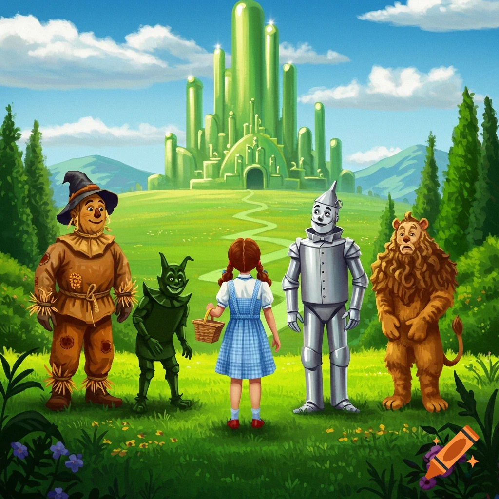 Illustration of Wizard of Oz characters Dorothy, Scarecrow, Tin Man, Lion, and a creature standing before the Emerald City.