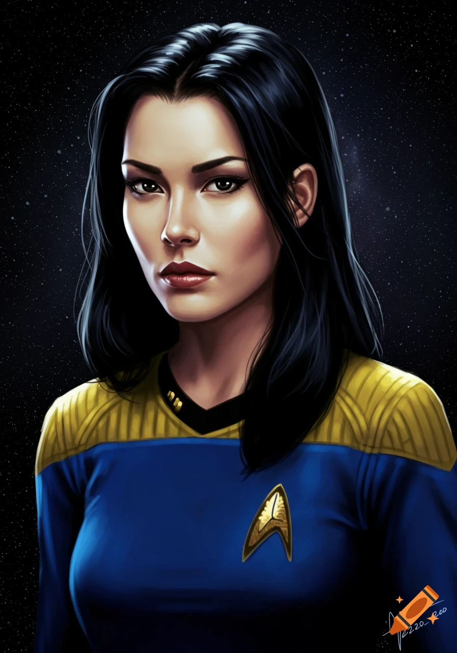 Illustration of a woman in a blue and gold Starfleet uniform against a starry background
