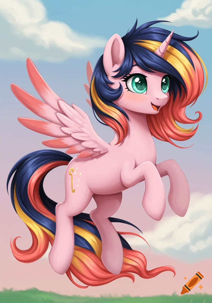 A pink Pegasus pony with colorful hair and a golden cutie mark flies in the sky.