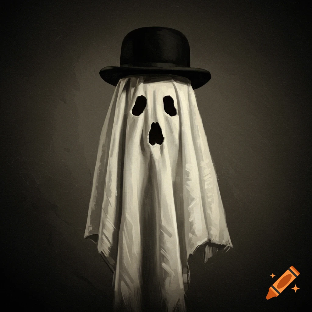 A sheet ghost wearing a black bowler hat stands against a dark background, rendered in a textured, painterly style.