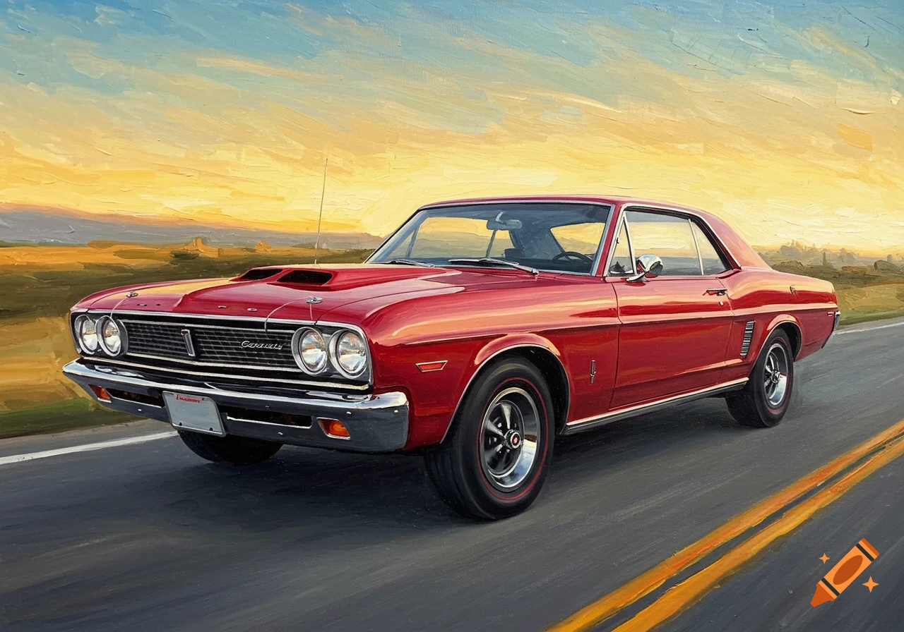 Oil painting of a red classic car driving on a road at sunset