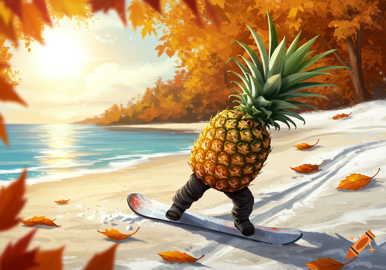 A pineapple snowboarding on a sandy beach with autumn leaves and a sunny sky.