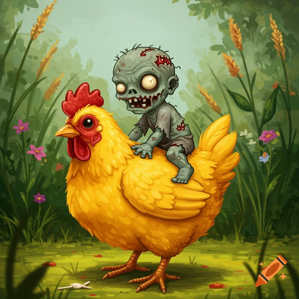 A cartoon baby zombie rides a yellow chicken through a grassy field.
