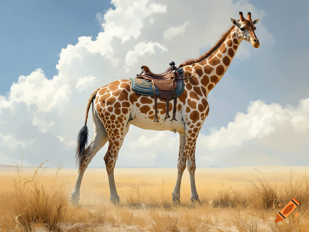 A giraffe stands in a savanna with a saddle on its back.