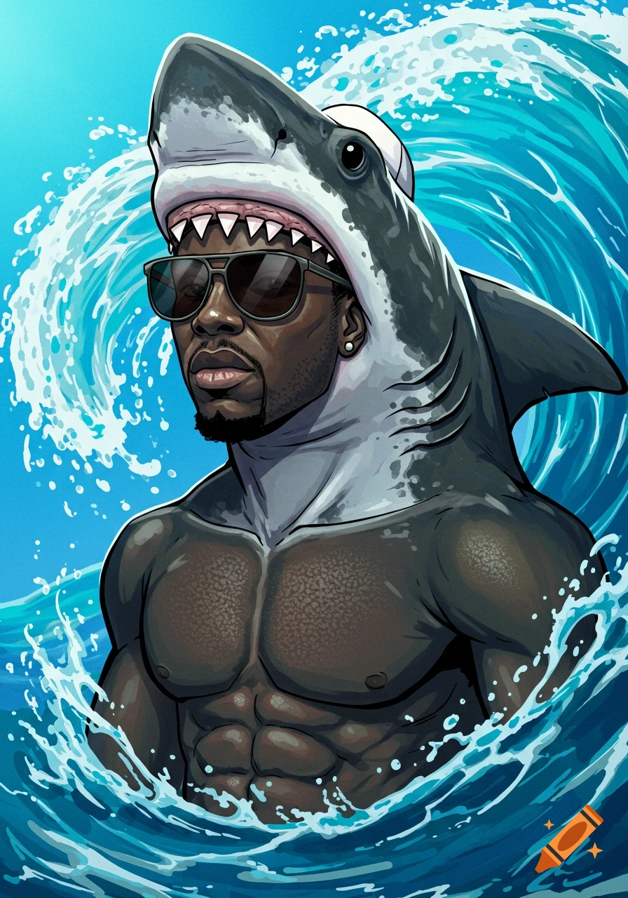 Illustration of a muscular man in a shark costume and sunglasses in the ocean waves