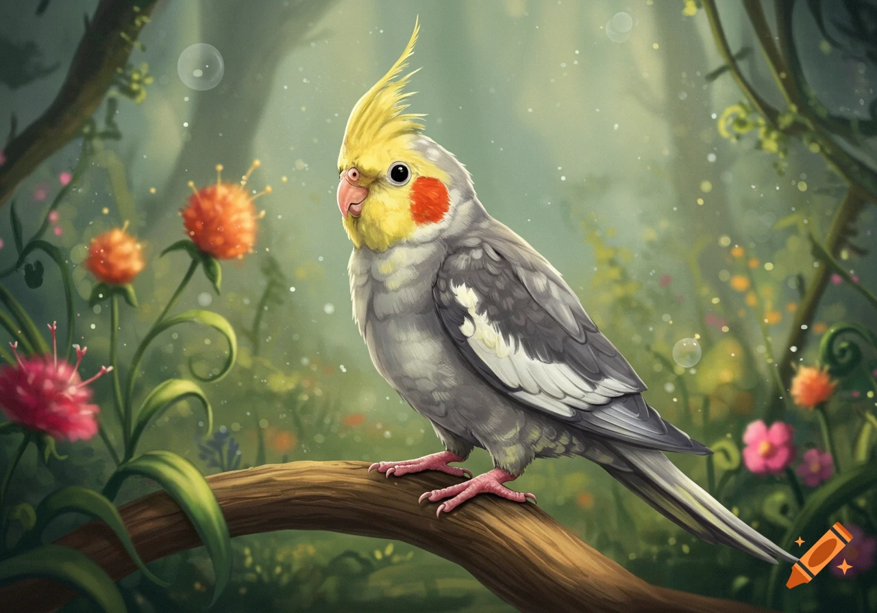 A grey and yellow cockatiel perches on a branch in a lush, colorful forest.