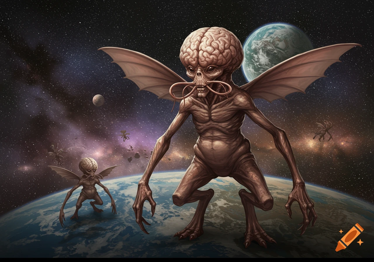 Spindly aliens with large exposed brains and bat-like wings stand on a planet in outer space.