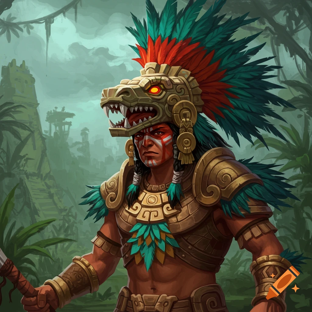 Fantasy art of an Aztec/Mayan warrior with a feathered headdress in a jungle temple