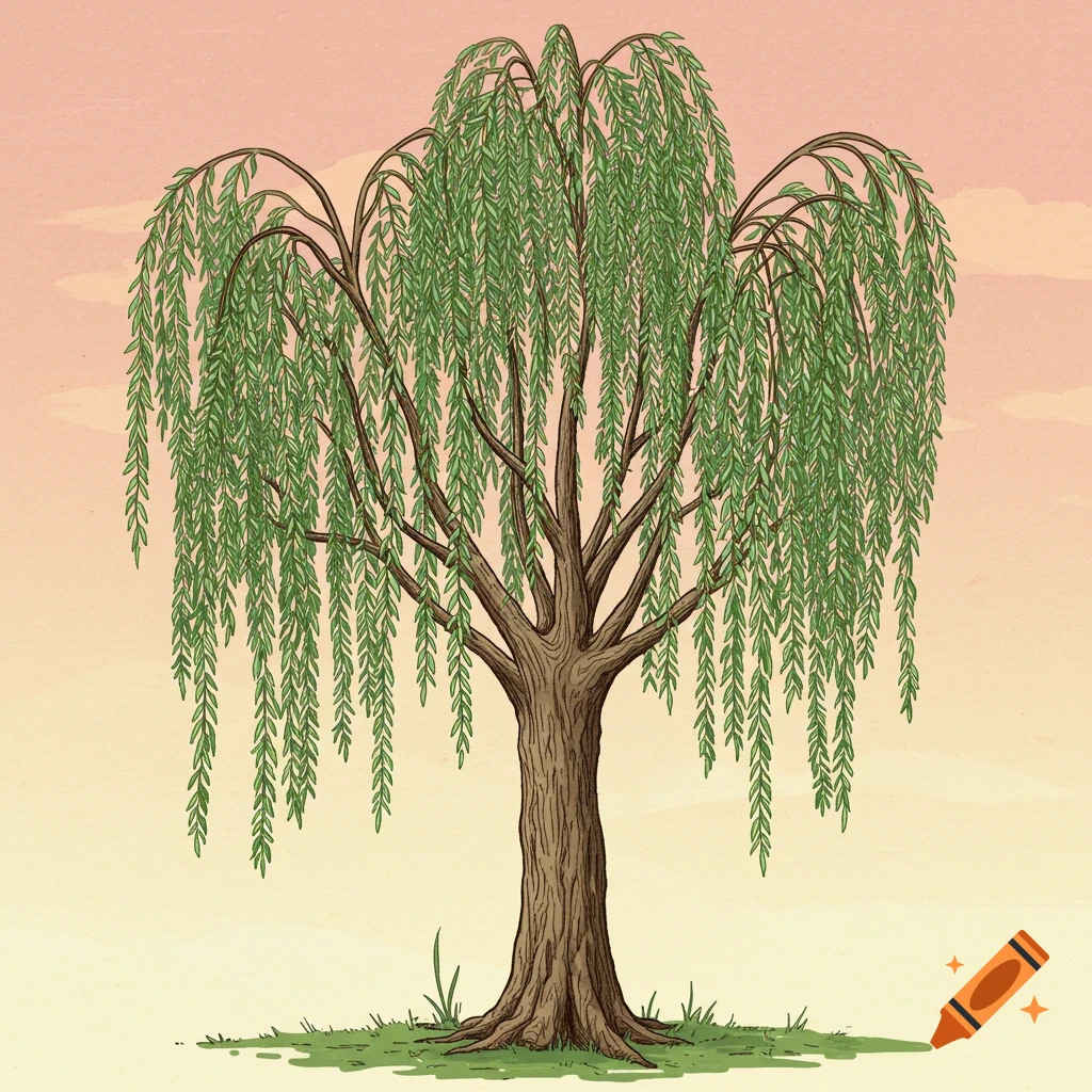An illustration of a willow tree with hanging branches against a pastel sky