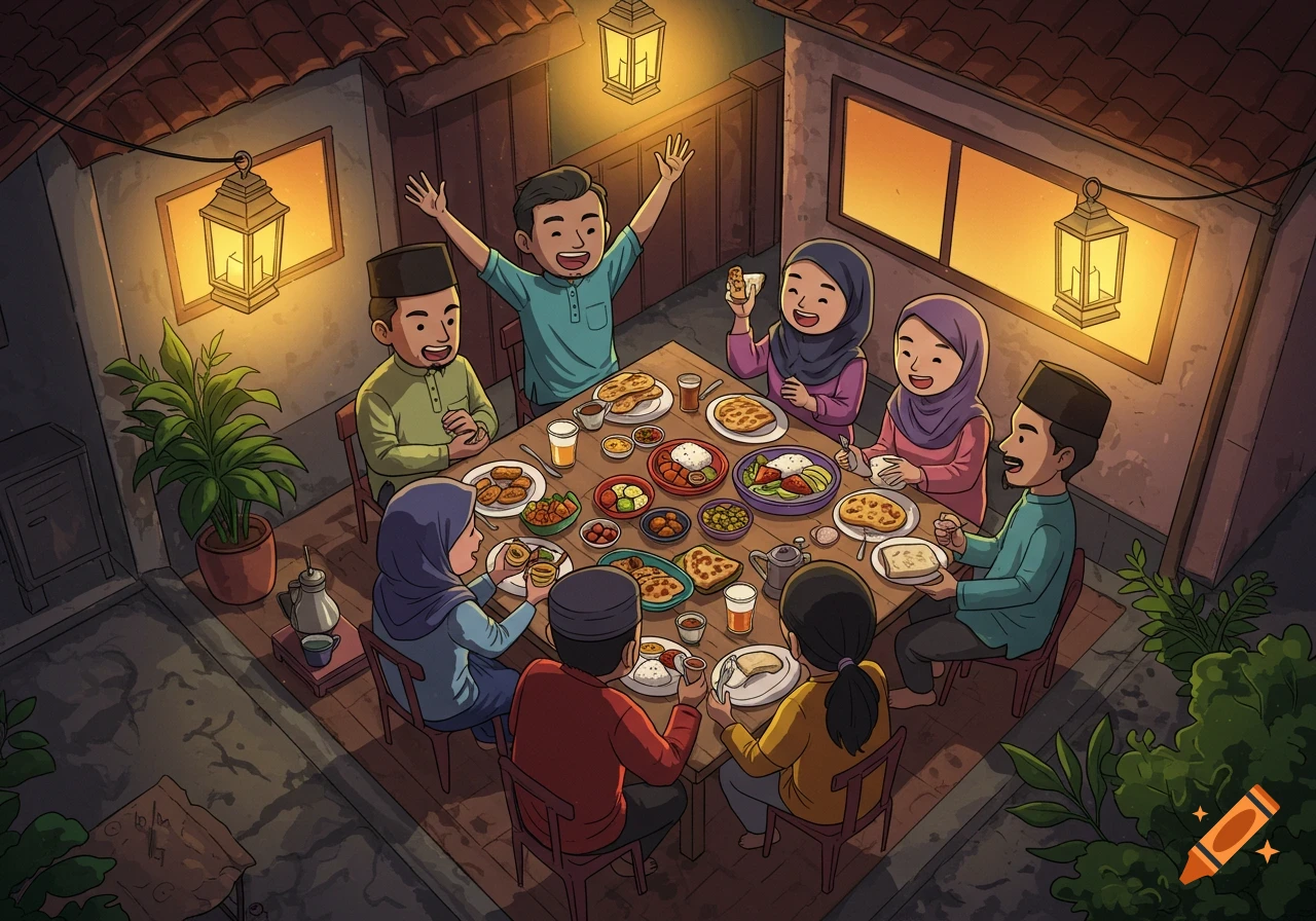 An illustration of a Muslim family eating dinner together, illuminated by lanterns.