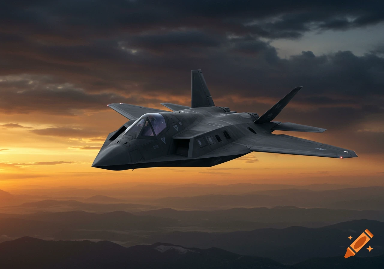 A stealth fighter jet flies over mountains at sunset.