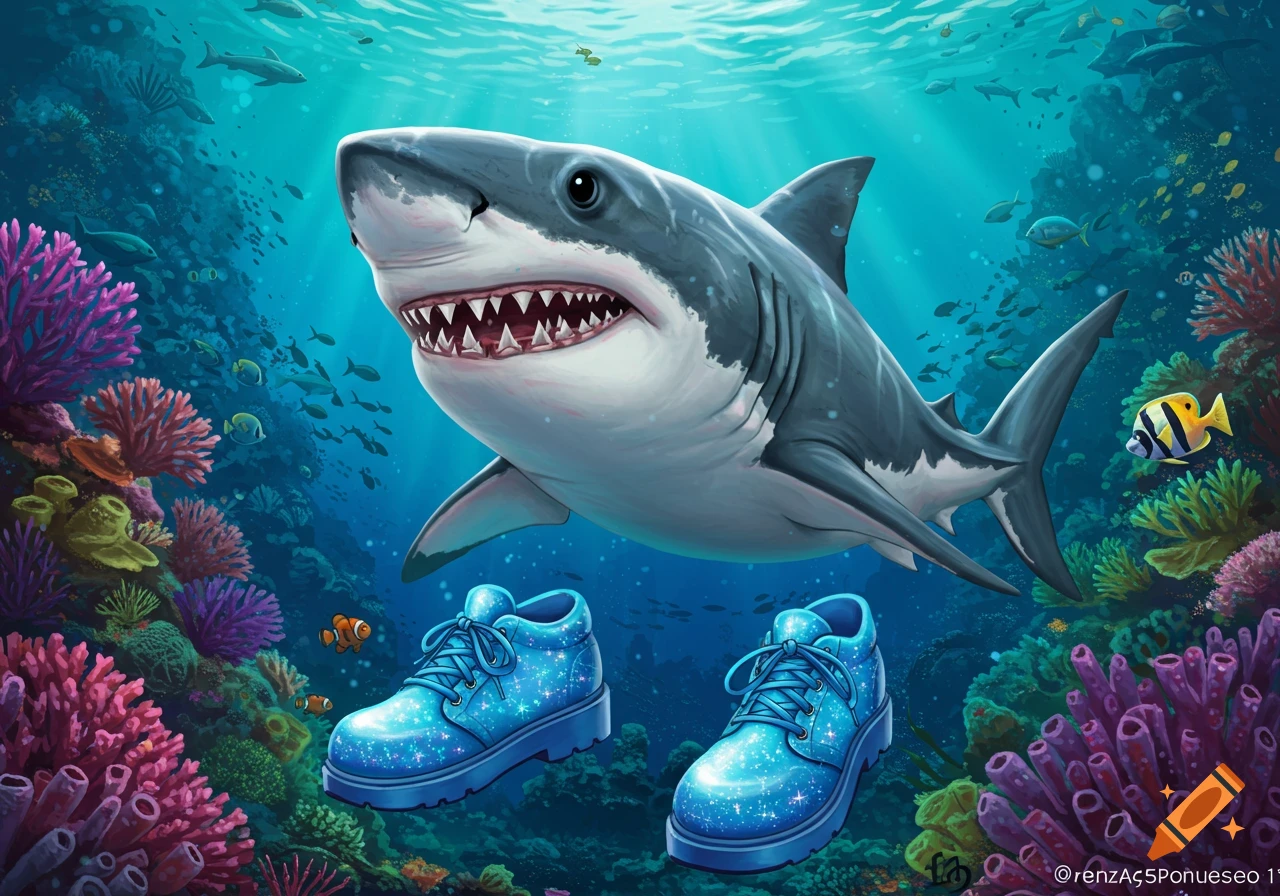 A digital illustration of a great white shark swimming underwater with a pair of sparkly blue boots near a vibrant coral reef.