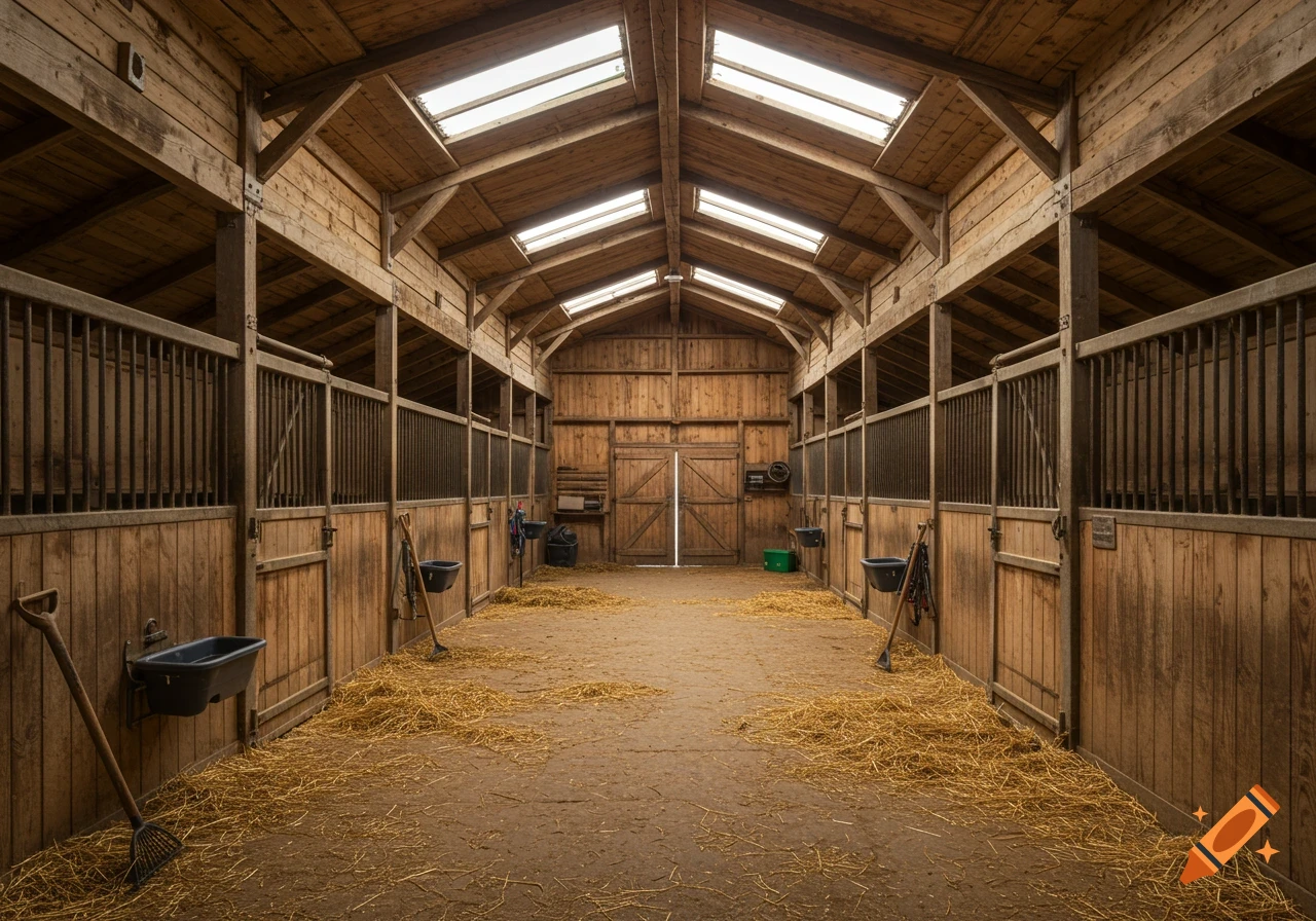 Wooden barn interior with empty stalls and straw on the ground.