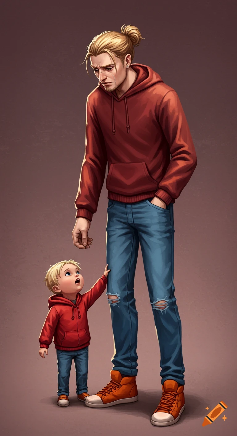 Character art illustration of a sad tall man and a small child looking up at him.