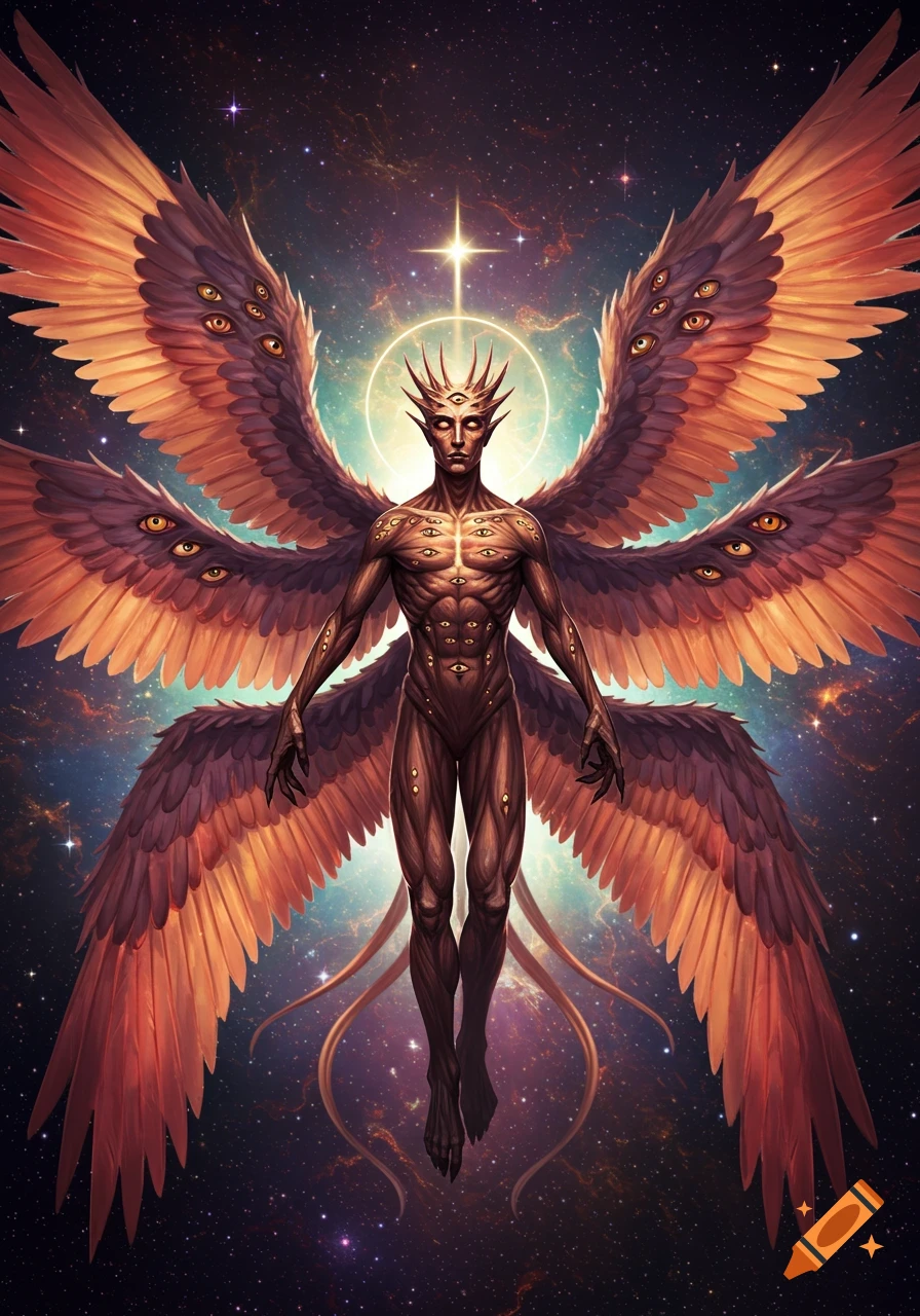 Winged creature covered in eyes floats in space, a seraphim.