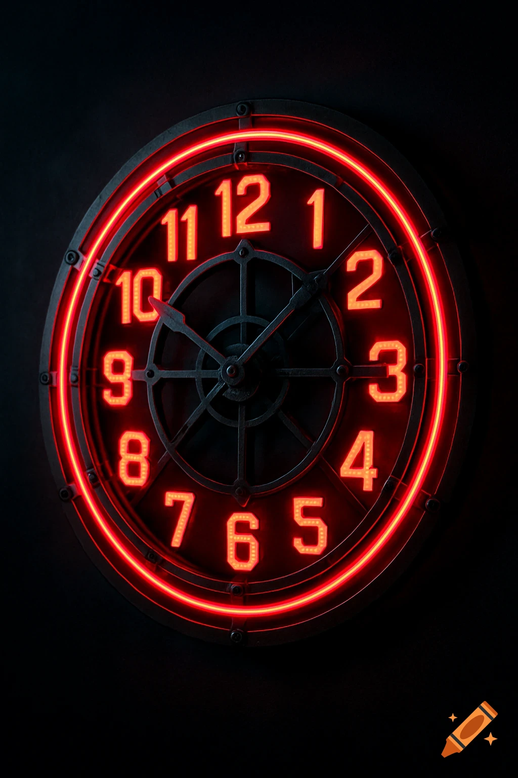 Industrial wall clock with a red neon outer ring and glowing red numbers on a dark background.
