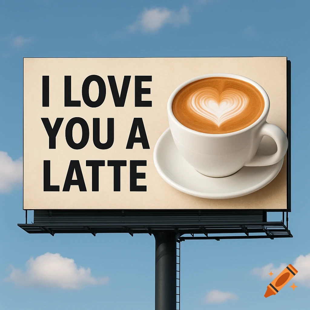 A billboard displaying the text 'I LOVE YOU A LATTE' next to a cup of coffee with heart latte art.