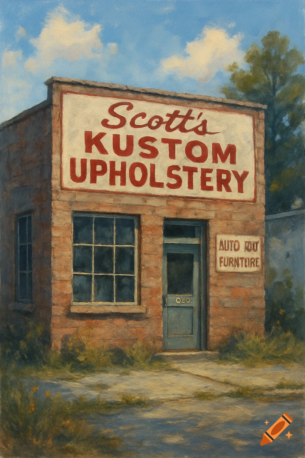 A painting of a small brick building with a sign that reads Scott's Kustom Upholstery.