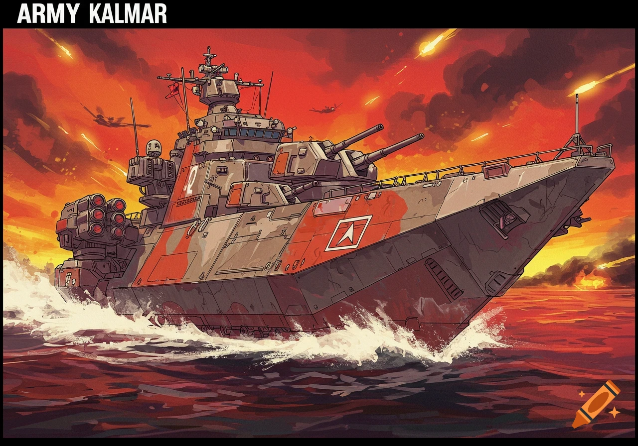 Stylized illustration of a military ship with guns and missiles under a dramatic red sky
