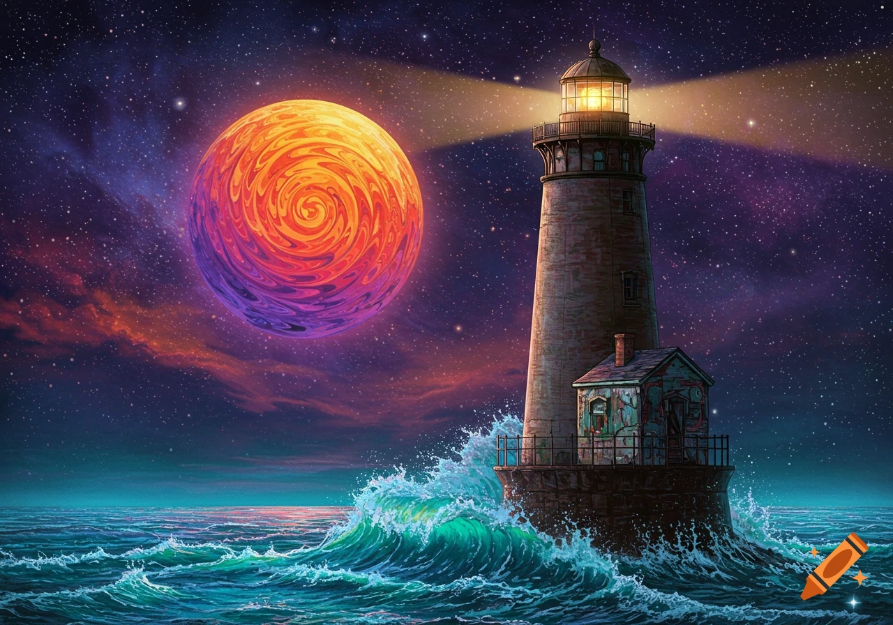 A lighthouse on a rock in the ocean with large waves, under a starry night sky with a giant swirling orange and purple planet.