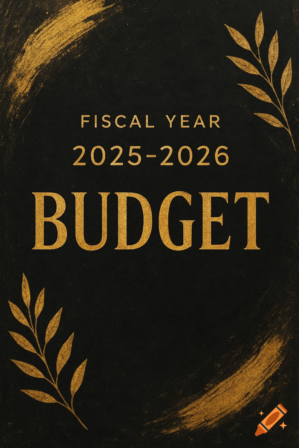 A black cover page with gold text 'FISCAL YEAR 2025-2026 BUDGET' and decorative gold brush strokes and branches.