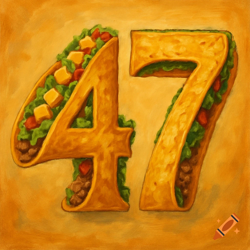 The numbers 4 and 7 formed from tacos filled with meat, lettuce, cheese, and tomato, on an orange background.