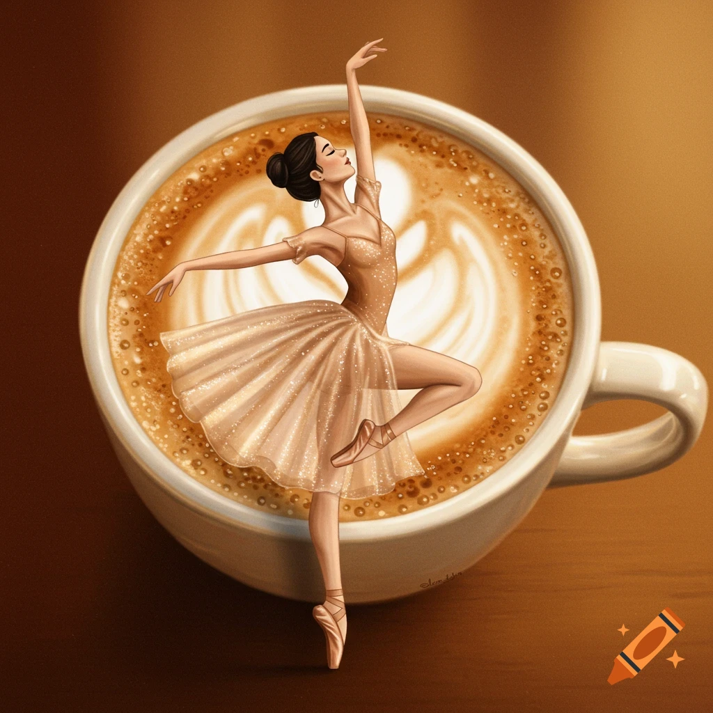 An illustration of a ballerina dancing on the latte art in a white coffee cup.