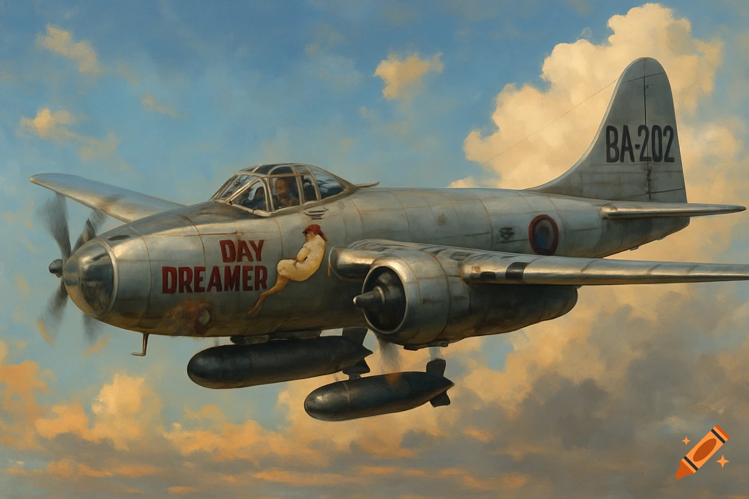 A painting of a silver bomber jet with 'DAY DREAMER' and a pin-up figure on its side, flying through clouds.